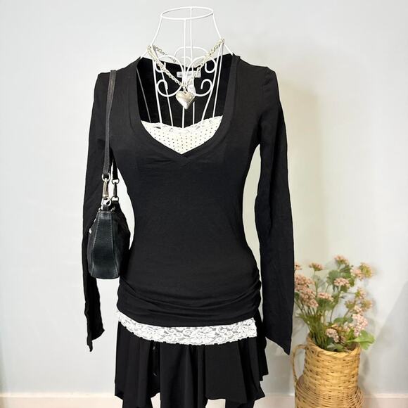 NWT Cute vintage y2k black tight long sleeve Henley grunge v neck top - Picture 2 of 7